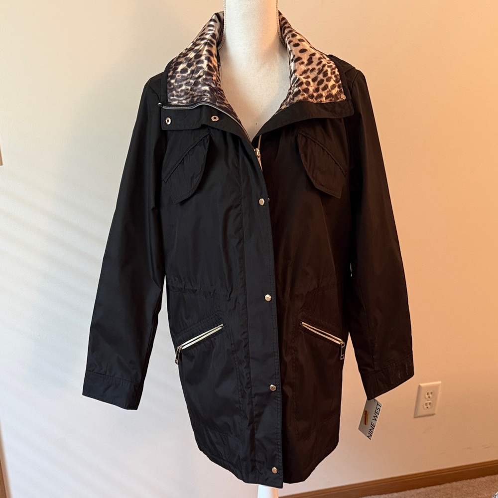NWT -  Nine West Black Utility Jacket with Leopard Print Collar